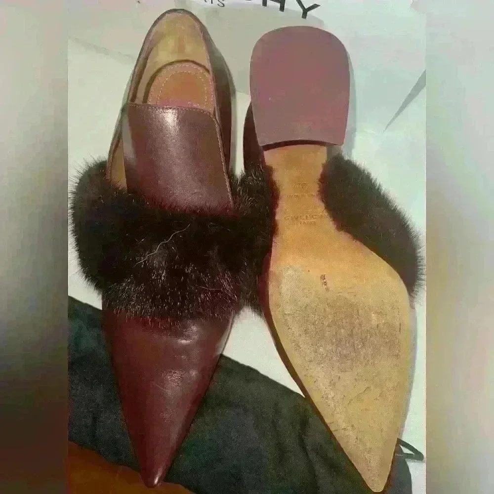 Givenchy Burgundy Leather Pointed Toe Mink - Fur Trim Pumps - Picture 3 of 10